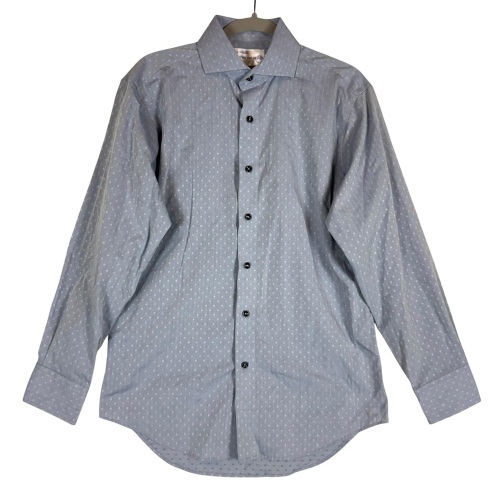 Lorenzo Uomo Dress Shirt Mens 15.5 32/33 Blue Polka Dot 100% Cotton Long Sleeve